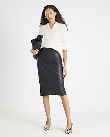 Black Faux Leather Corset Waist Midi Skirt