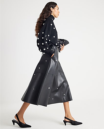 Black Faux Leather Studded A line Midi Dress