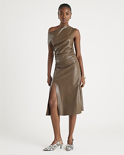 Brown Drape Shoulder Faux Leather Midi Dress