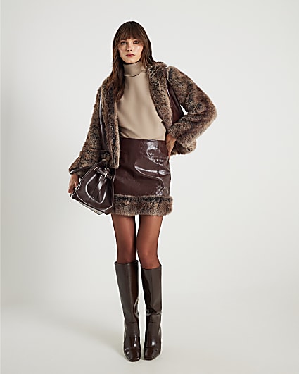 Brown Faux Fur Trim Mini Skirt