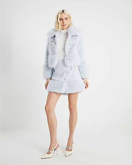 Blue Faux Fur Trim Boucle Trophy Jacket