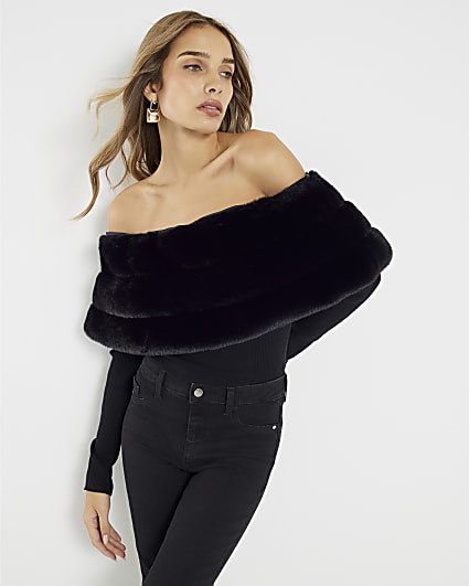 Black Faux Fur Trim Bardot Jumper