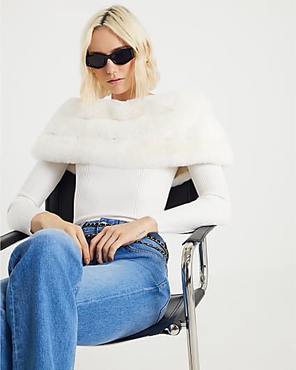 Cream Faux Fur Trim Bardot Jumper