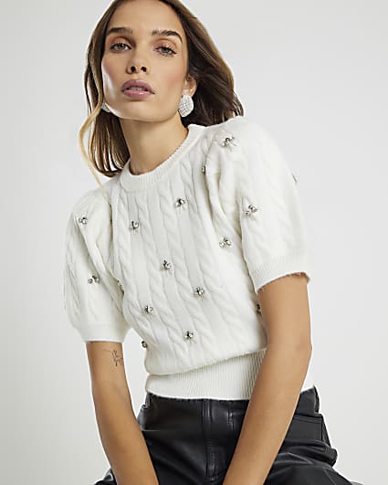 Cream Cable Knit Bubble Sleeve Top
