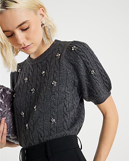 Grey Cable Knit Bubble Sleeve Top