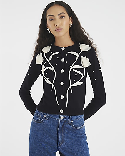 Black Knitted Flower Cardigan