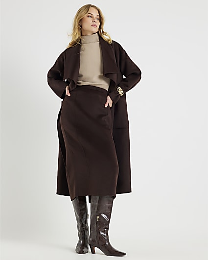 Brown Wool Blend Handmade Pencil Midi Skirt