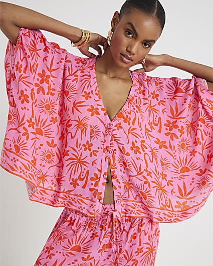 Pink Palm Tree Printed Blouse