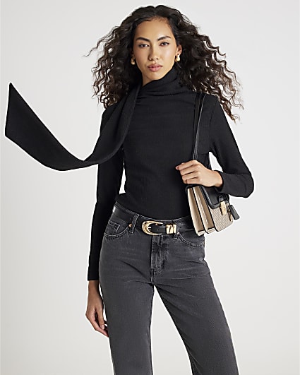 Black Long Sleeve Scarf Neck Ribbed Top