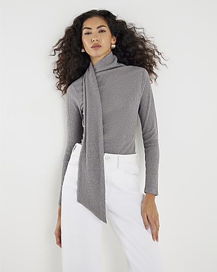 Grey Long Sleeve Scarf Neck Ribbed Top