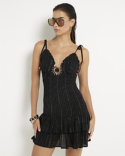 Black Sleeveless Shirred Mini Beach Dress
