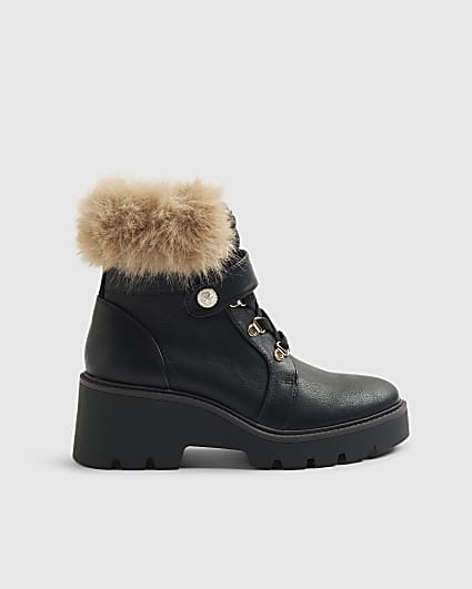 Black Fur Cuff Lace Up Wedge Boots