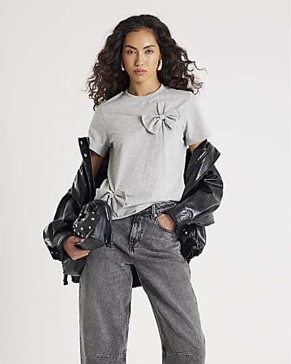 Grey Short Sleeve Bow Diamante T-shirt