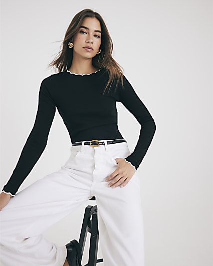 Black Long Sleeve Scallop Trim Top