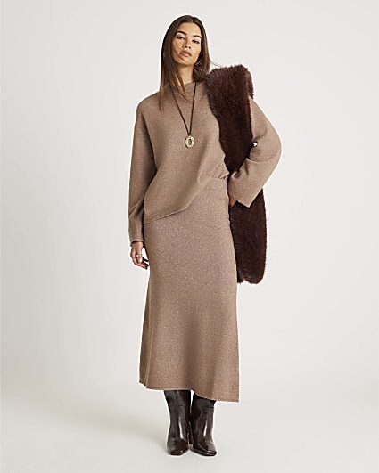 Brown Knitted Midi Skirt