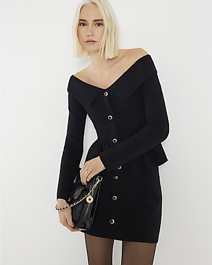Black Knitted Bardot Peplum Top