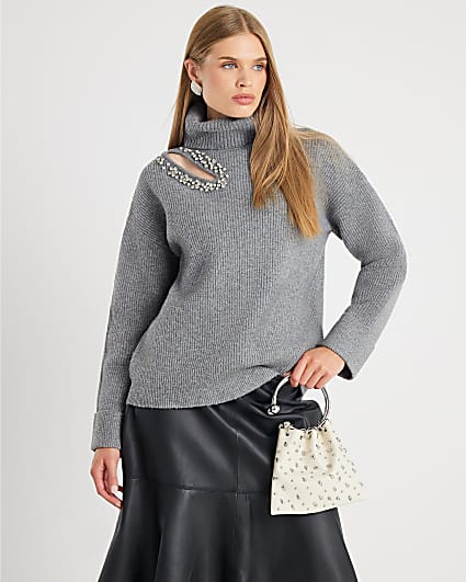 Grey Knitted Roll Neck Cut Out Jumper