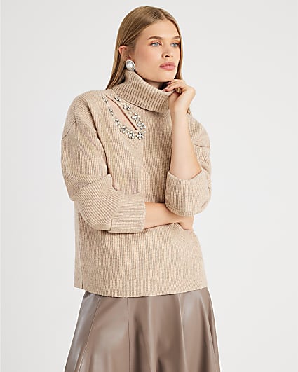 Brown Knitted Roll Neck Cut Out Jumper