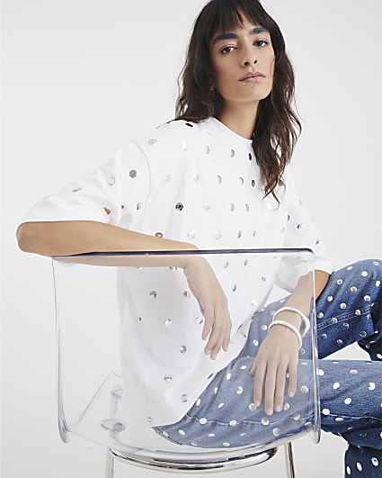White Short Sleeve Studded T-shirt