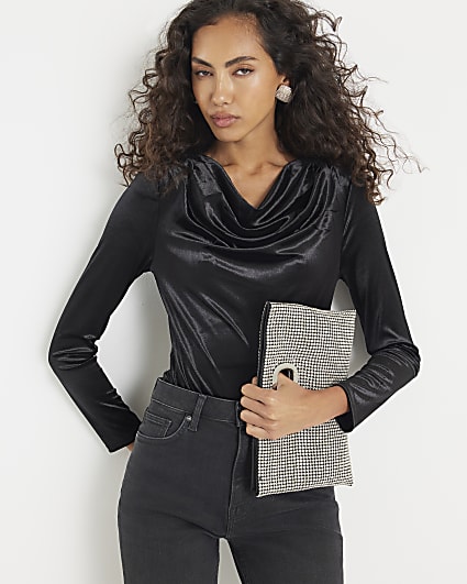 Black Velvet Long Sleeve Cowl Neck Bodysuit