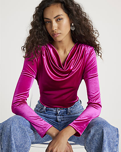 Pink Velvet Long Sleeve Cowl Neck Bodysuit