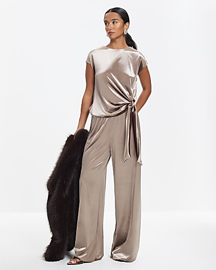 Petite Brown Velvet Wide Leg Joggers