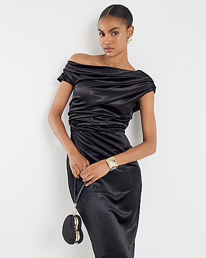 Black Velvet Sleeveless Drape Midi Dress