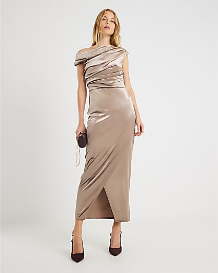 Brown Velvet Sleeveless Drape Midi Dress