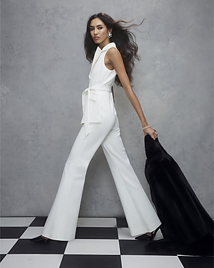 Cream Contrast Waistcoat Jumpsuit
