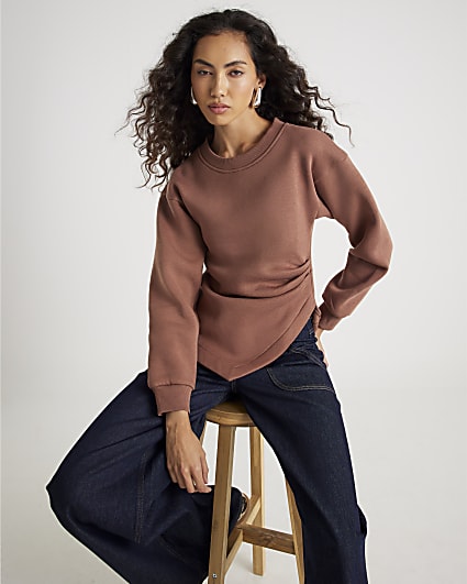 Brown Long Sleeve Draped Sweatshirt