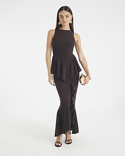 Brown Sleeveless Ruffle Front Maxi Dress