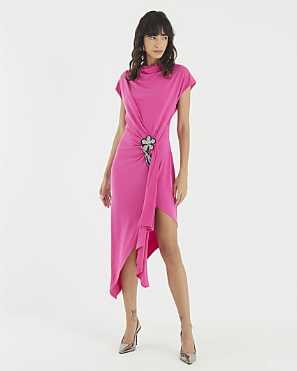 Pink Drape Floral Trimmed Midi Dress