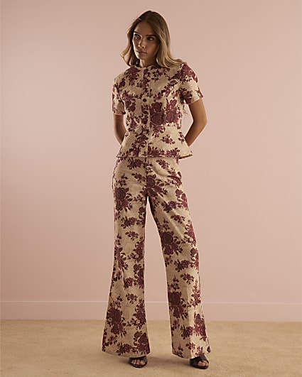 Red Floral Relaxed Flare Jeans