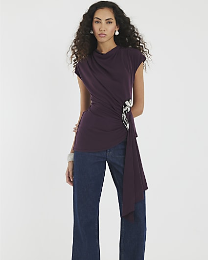 Purple Short Sleeve Draped Floral Trim Top