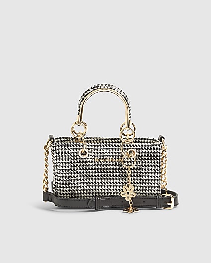 Black Dogtooth Print Charm Tote Bag