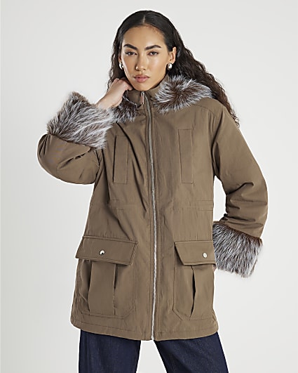 Khaki Faux Fur Cuff Utility Jacket