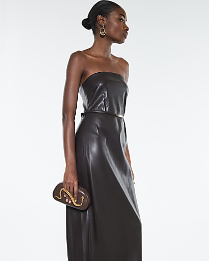 Brown Faux Leather Belted Bandeau Midi Dress