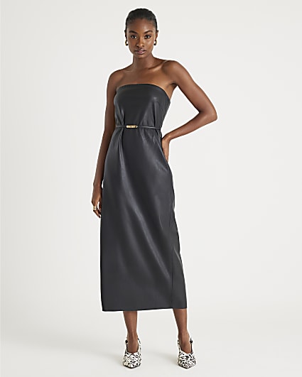 Black Faux Leather Belted Bandeau Midi Dress