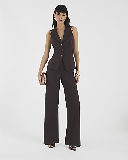Brown Sleeveless Ruched Waist Jumpsuit