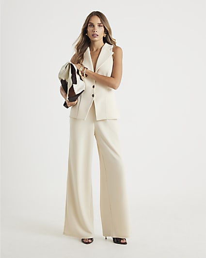 Cream Sleeveless Ruched Waist Jumpsuit