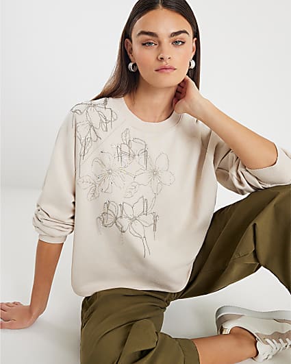 Cream Flower Diamante Embellished Sweatshirt