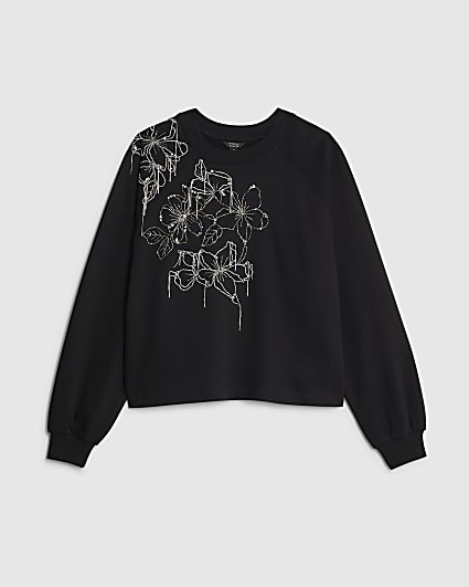 Black Flower Diamante Embellished Sweatshirt