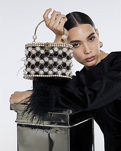 Gold Pearl Cage Basket Clutch Bag