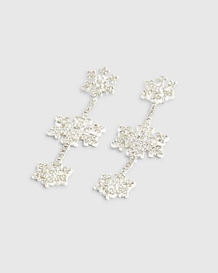 Silver Triple Snowflake Drop Earrings