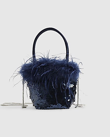 Blue - Dark Feather Sequin Grab Clutch