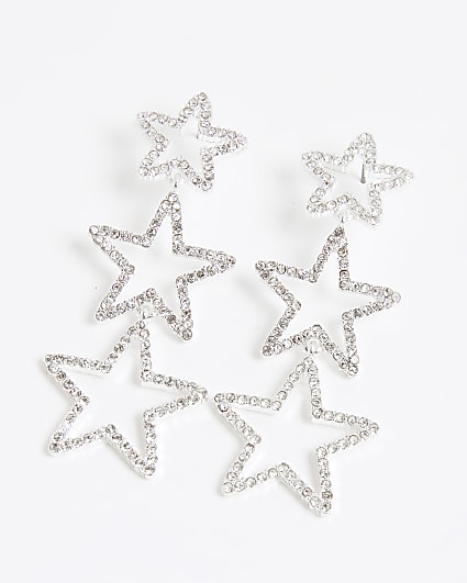 Silver Triple Star Drop Earrings