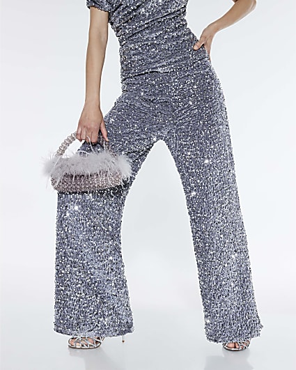 Silver Pull On Velvet Sequin Trousers