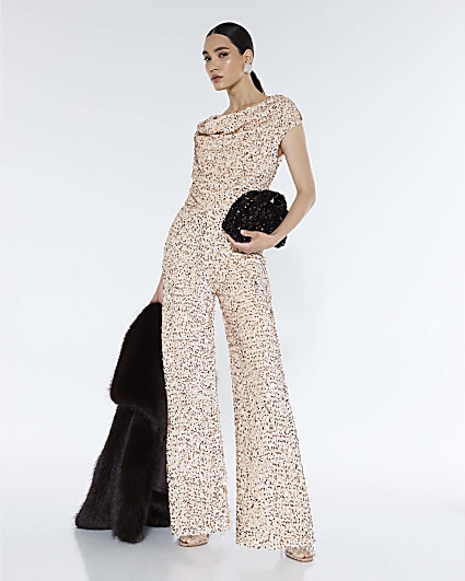 Gold Sleeveless Sequin Cowl Neck Jumpsuit