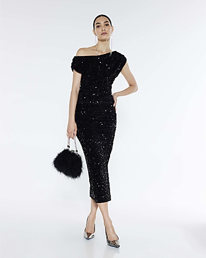 Black Velvet Sleeveless Sequin Drape Top
