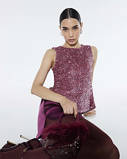 Pink Velvet Sequin Sleeveless Bow Back Top